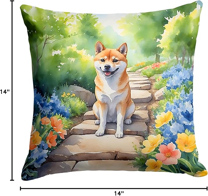 Caroline's Treasures Shiba Inu Spring Path Throw Pillow Machine Washable, Indoor Outdoor Decorative Pillow for Couch, Bed or Patio, 14Hx14W