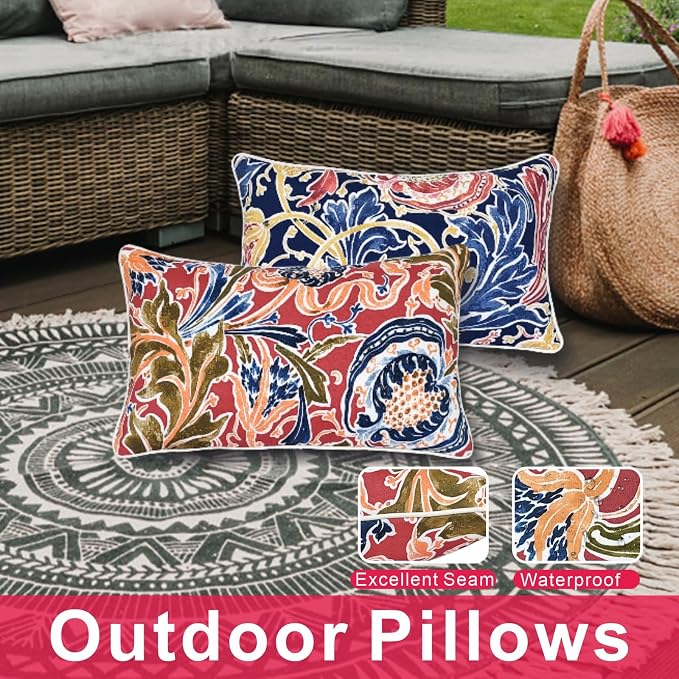 JMGBird Red Outdoor Pillows Waterproof Outdoor Pillow Covers with Inserts | 12x20 Pillow Insert Outdoor Lumbar Pillows Weather Resistant Throw Pillows for Patio Furniture