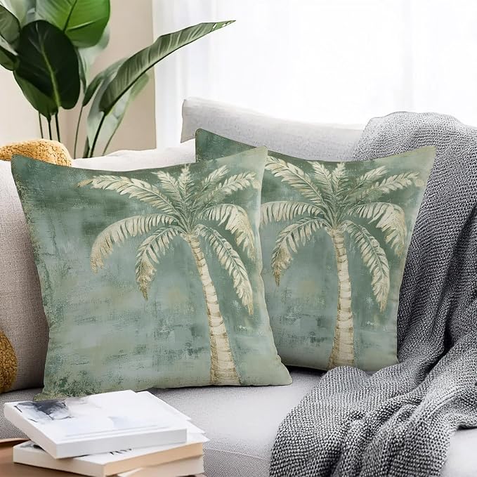 Coastal Beach Tree Sage Green Outdoor Waterproof Pillow Covers, Vintage Summer Palm Tree Decorative Square Throw Pillowcase, Tropical Botanical Sofa Cushion Sham for Patio/Couch/Chair, 16"x16" 2 Pack