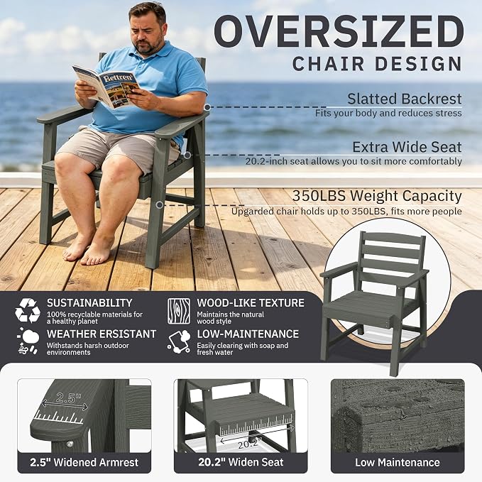 AreShark Patio Dining Chair Set of 2,All Weather HDPE Outdoor Dining Armless Chairs with Wide Seat and Backrest,Weatherproof Patio Chairs for Garden,Backyard,Deck,Gray