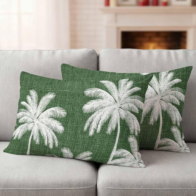Lumbar Pillow Covers 20x12 Inch Set of 2, Dark Green Palm Trees Waterproof Outdoor Pillow Covers, Farmhouse Tropical Summer Beach Decorative Cushion Pillowcases for Couch, Sofa, Bed, Garden, Patio