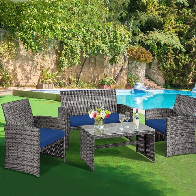 HAPPYGRILL 4-Piece Patio Conversation Set with Soft Cushions Rattan Furniture Set with PE Wicker Coffee Table & Sofa Chairs for Garden Poolside Porch Backyard