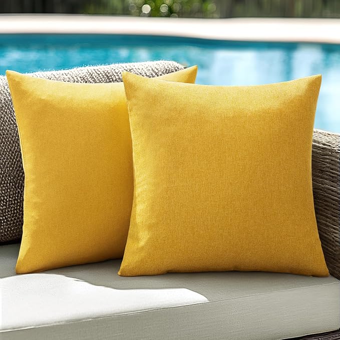 ANRODUO Outdoor Waterproof Pillow Covers for Patio 18x18 Yellow Set of 2 | Outdoor Pillow Covers for Patio Furniture, Decorative Linen Cushion Sham, Outside Square Pillowcase for Garden Balcony Decor