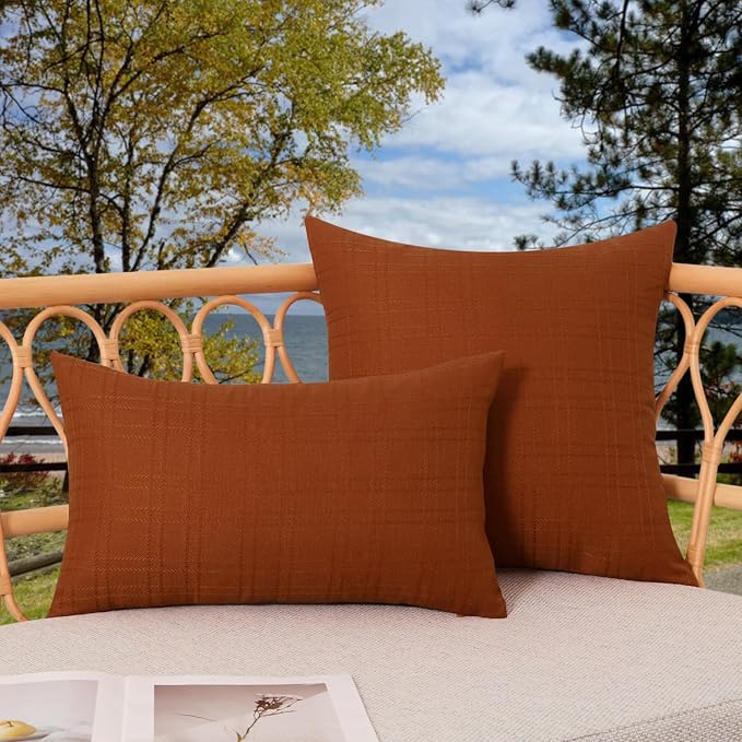 Kevin Textile Outdoor Waterproof 16”x16” Pillow Covers 2 Pack, Burnt Orange | Water Resistant, Soft Faux Linen-cotton Yarn-dyed Woven Texture Throw Pillow Covers for Tent Patio Garden Couch Sofa