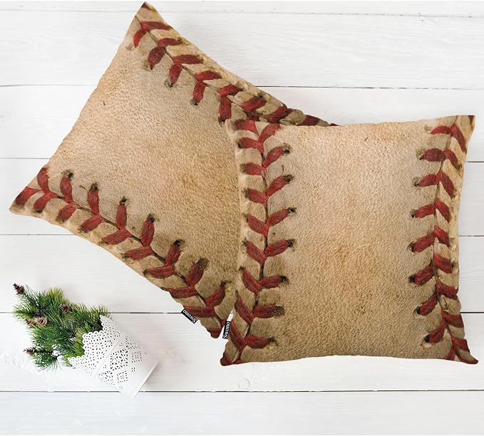 Swono Pillow Covers 18X18 Inch Set of 2 Baseball Throw Pillow Cases Sport Leather Baseball Worn Ball Pillowcase Cushion Cover Decorative for Indoor Outdoor Home Sofa Bedroom Livingroom, Brown