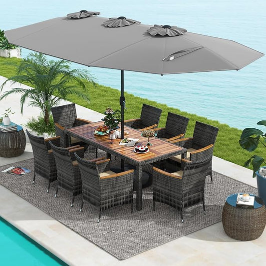 Tangkula 10 Pieces Patio Wicker Dining Set w/Double-Sided Patio Umbrella, Outdoor Acacia Wood Furniture Set w/ 8 Armchairs, Dining Table & 15 ft Umbrella with Weighted Base (Gray)