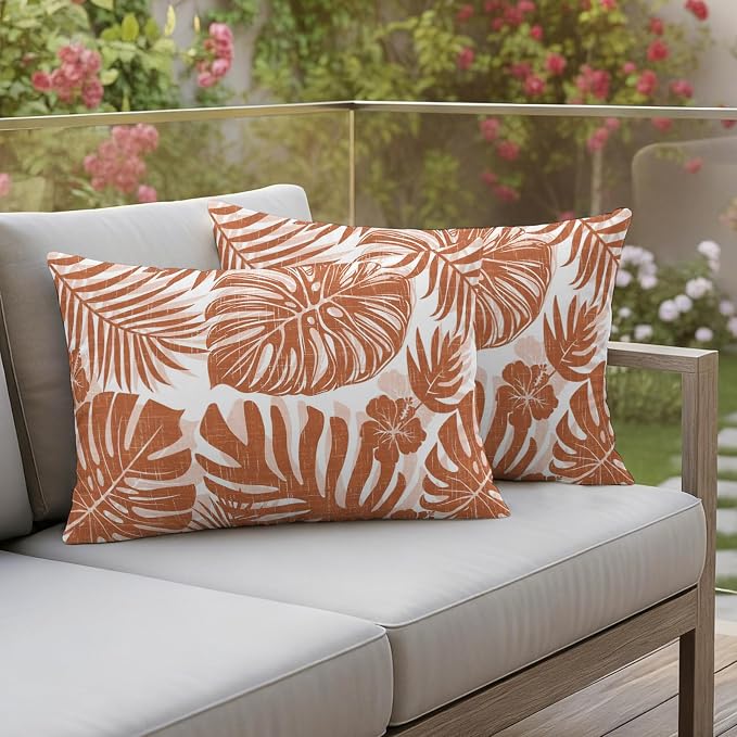 Burnt Orange Palm Leaves Outdoor Pillow Covers 20"x12" Set of 2, Tropical Botanical Minimalist Modern Waterproof Throw Pillow Covers for Patio Furniture, Decorative Cushion Covers for Porch
