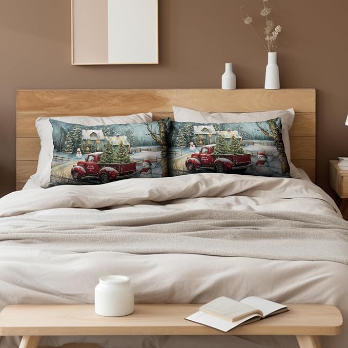 Christmas Lumbar Pillow Covers 12x20 Red Truck with Christmas Trees Snowman Rectangle Pillow Case Xmas Holiday Waist Cushion Case for Bedding Couch Patio Bench Set of 2