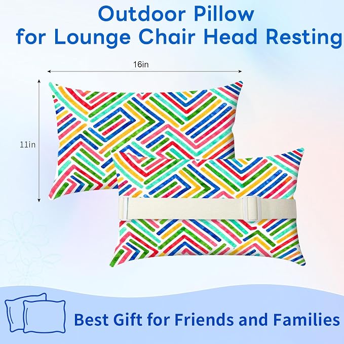 Outdoor Pillows for Lounge Chair Head Resting 2 Pack Waterproof | Headrest Lumbar Pillows with Adjustable Strap for Recliner Beach Pool Lounger Chair, Multicolor