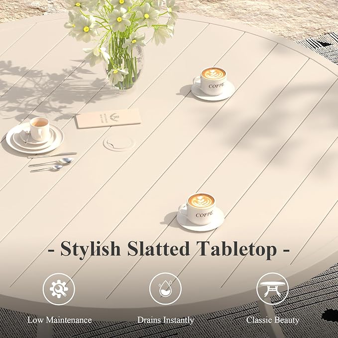 Outdoor Dining Table for 6, 50" Round Outdoor Table with Adjustable Umbrella Hole, All-Weather Metal Patio Dining Table for Lawn Garden Backyard Deck, Sandshell