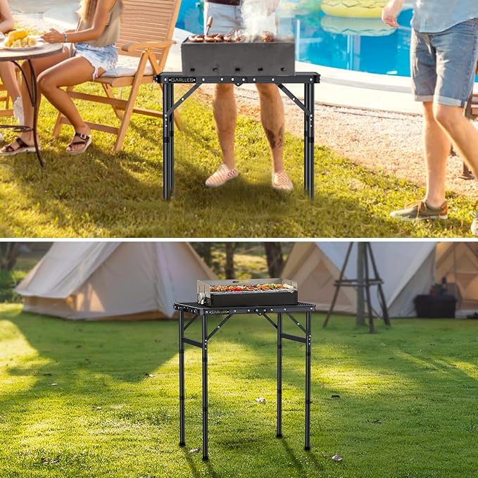 GARLLEN 2ft Folding Grill Table Max Capacity 66lbs, 3-Height Adjustable Folding Camping Table with Heat-Resistant Mesh Tabletop, Portable Aluminum Picnic Tables for BBQ, Outdoor, 22.8" L x 15.7" W