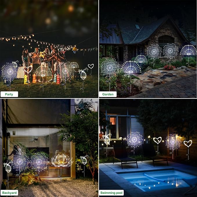 Slyuexu Solar Garden Lights Outdoor Waterproof, 2 Pack 120 LED Solar Firework Lights Decorative Garden Décor Outside for Flowerbed Pathway Party Christmas Decoration, White