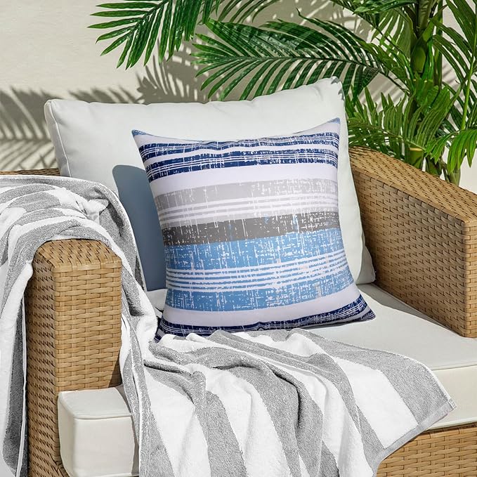 18x18 Waterproof Outdoor Pillows, Set of 2 Outdoor Throw Pillows | Patio Furniture Pillows, Fluffy Decorative Pillows, Waterproof &Fade Resistant, Removable & Washable, Stripe Blue White