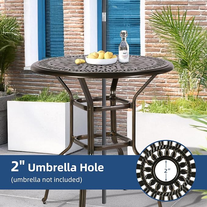 Outdoor Cast Aluminum Bar Table, 35.4" Patio Bar Height Table with 2" Umbrella Hole, All Weather High Top Bistro Round Dining Table for Outside Deck Porch Balcony Poolside, Dark Bronze