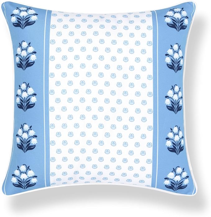 Hofdeco Premium Coastal Hampton Patio Indoor Outdoor Throw Pillow Cover Only, 20"x20" Water Repellent for Backyard, Couch, Poolside, Azure Blue Print Block Print Striped Lily of the Valley