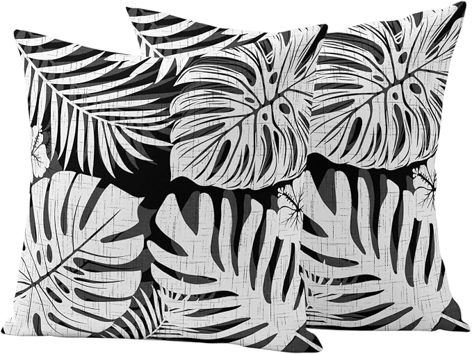 Black Palm Leaves Outdoor Pillow Covers 24"x24" Set of 2, Tropical Botanical Minimalist Modern Waterproof Throw Pillow Covers for Patio Furniture, Decorative Cushion Covers for Porch