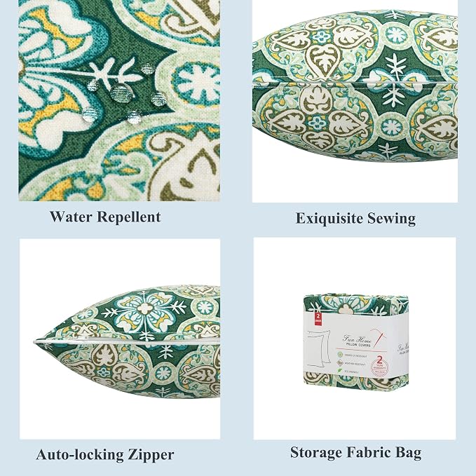 FUNHOME Outdoor Pillow Covers 18x18 Inch Pack of 2, No Insert-Green Medal | Square Throw Pillow Covers, Water-Repellent, Pillow Cases for Sofa Patio Couch Decoration