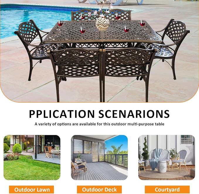 5 Piece Outdoor Patio Dining Set, All-Weather 58.66" Cast Aluminum Table and Chairs Set of 4, Bistro Set Outdoor with Umbrella Hole for Garden, Porch