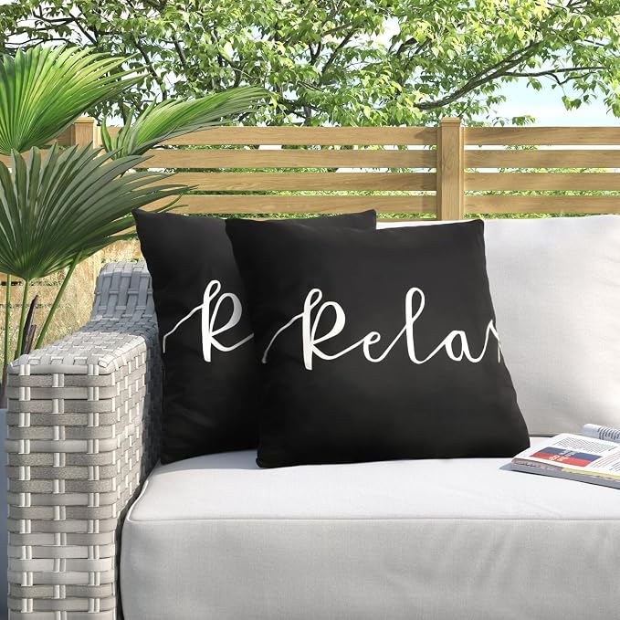 Merrycolor Set of 2 Black and White Outdoor Waterproof Pillow Covers 18x18 Relax Throw Pillow Covers Decorative Outdoor Pillows for Patio Furniture