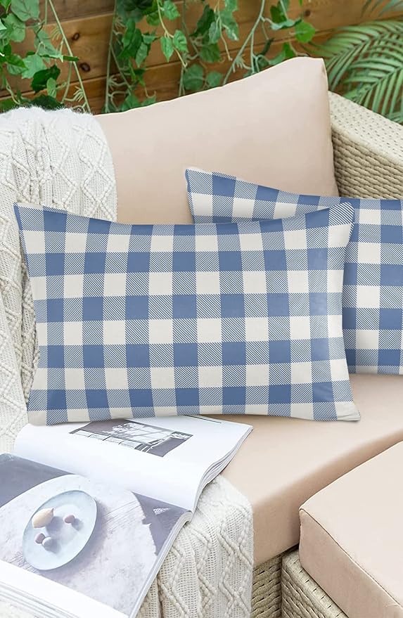 Outdoor Waterproof Throw Pillow Covers Set of 2 Buffalo Plaid Blue Check Lumbar Pillowcases 20x12 Inches Farmhouse Style Patio Decorative Pillows Cushion Case Patio Pillows for Couch Bed Chair Garden
