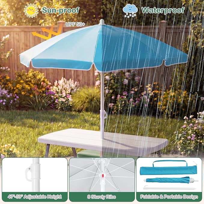 Costzon Kids Picnic Table, Toddler Outdoor Table & Bench Set with Removable Umbrella, HDPE Tabletop, Metal Frame, Kids Outdoor Furniture for Patio Backyard Garden, Fits 4 Children Age 3+ (Green)