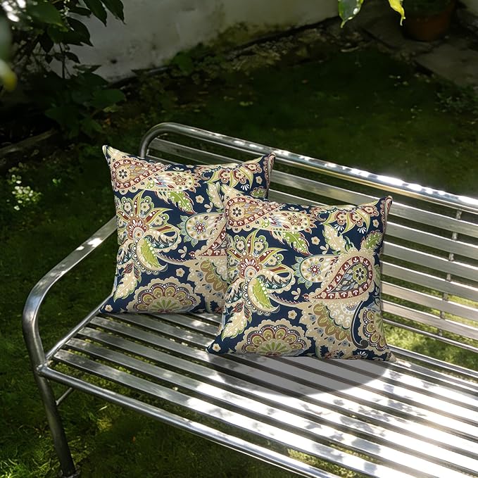 Outdoor Pillows with Insert 18x18 Inch, Waterproof Throw Pillow for Patio Furniture, Decorative Back Cushion for Garden Home Sofa Office Chair, Set of 2, Paisley Sapphire Blue