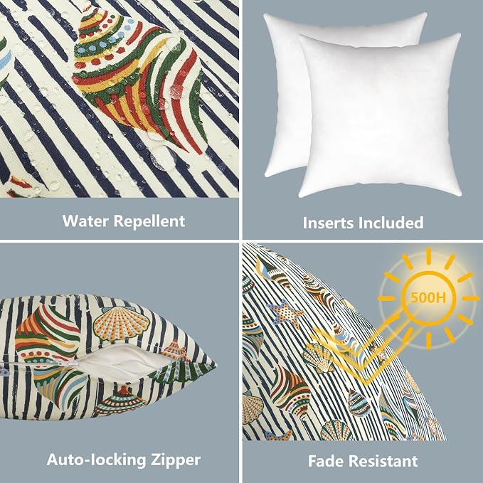 LVTXIII 2 Pack Outdoor Pillows 18x18 Inch, Square Throw Pillows with Inserts, Decorative Water-Repellent Pillow Cushions for Patio Furniture and Garden Sofa, Cabana Shells