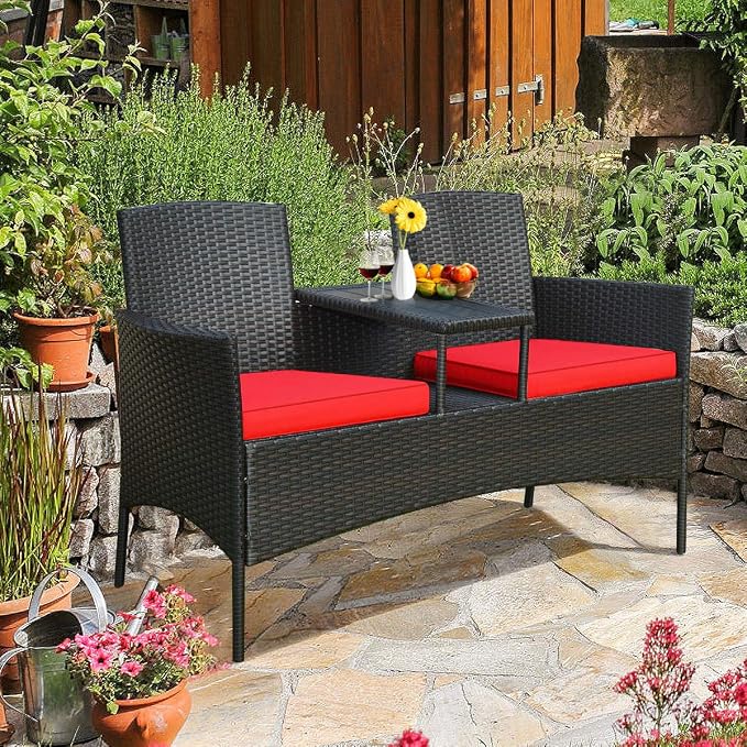 HAPPYGRILL Outdoor Loveseat Patio Rattan Wicker Conversation Set with Removable Cushions, Wicker Sofa Furniture Set with Coffee Table for Garden Lawn Backyard