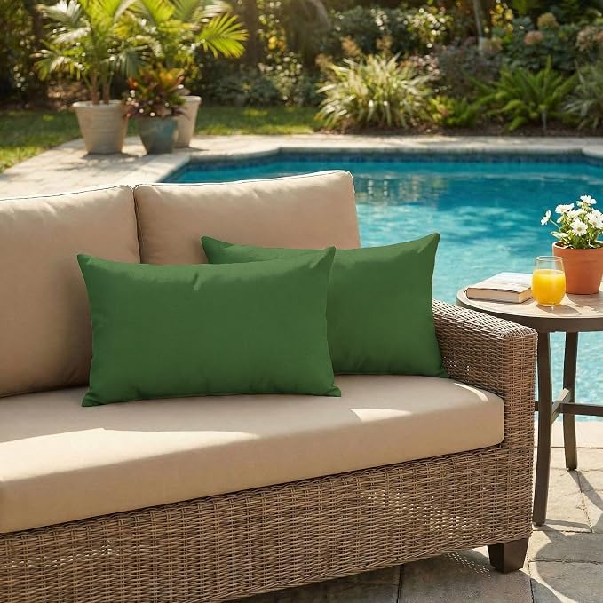 RSH DECOR: Outdura Lumbar Throw Pillows Set of 2 | 20" x 12" | Water and Fade-Resistant Performance Fabric | Outdoor Pillow Covers with Down-Alternative Inserts | Made in USA (Clover Green)