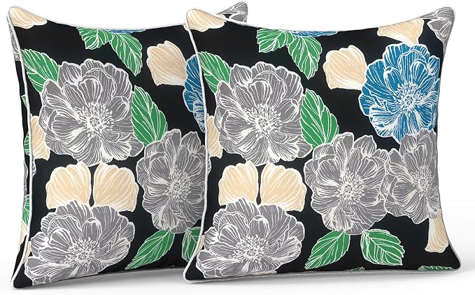 LVTXIII Outdoor Throw Pillow Covers Set of 2, Patio Waterproof Pillow Cases Fade Resistant Accent Pillow Covers for Home and Garden Furniture Decoration, 16x16, Peony Garden