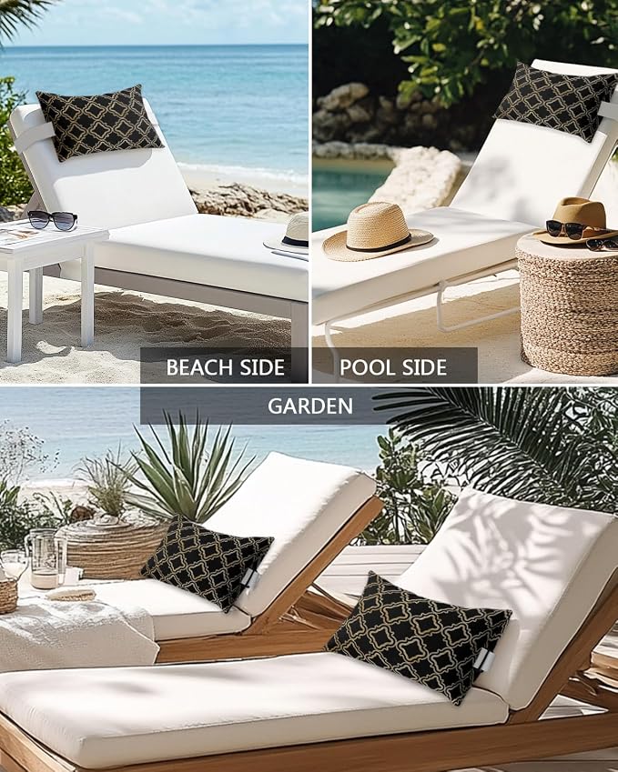 Outdoor Pillows Waterproof Covers Set of 2, Geometric Lines Adjustable Elastic Chaise Lounge Head Resting Pillows, Luxury Black Golden Lumbar Pillow for Pool Beach Patio Furniture 20x12 Inch