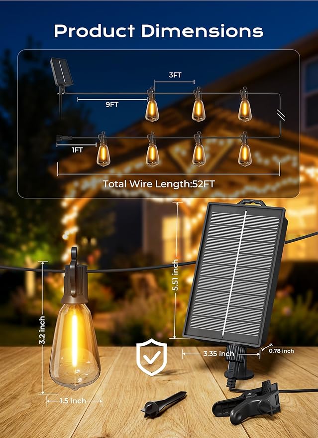 Brightown 52FT Solar String Lights Outdoor Waterproof, 26Hrs Runtime | 15+1 LED Bulbs, USB & Solar Powered, Remote Control & Dimmable Timer, Ideal for Backyard, Garden, Camping & Party Decor