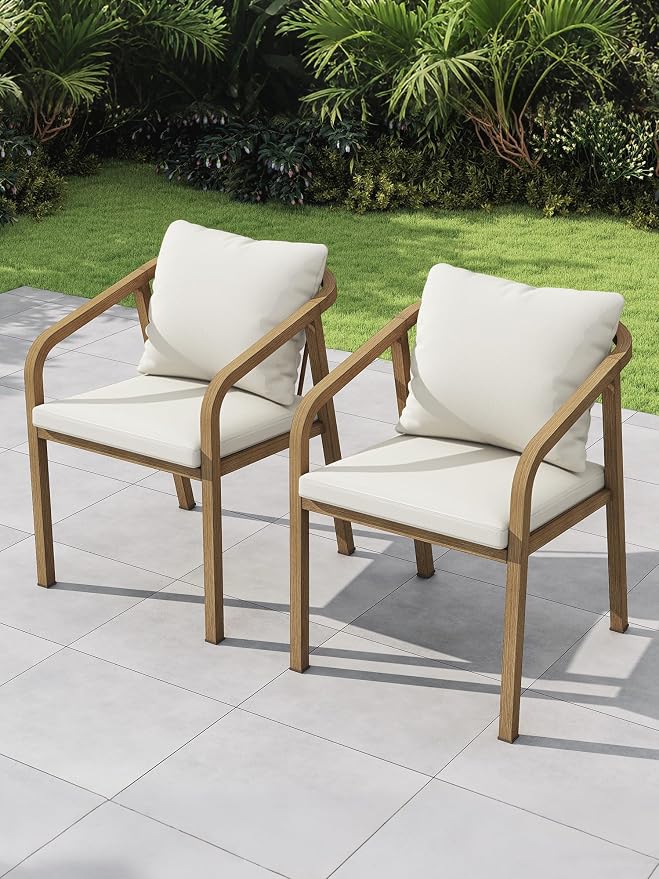 Never-Rust Aluminum Outdoor Dining Chairs Set of 2, Patio Dining Chairs with Thick Cushion, Outdoor Patio Chairs with Wraparound Backrest and Curved Armrest for Backyard, Lawn, Deck, Teak