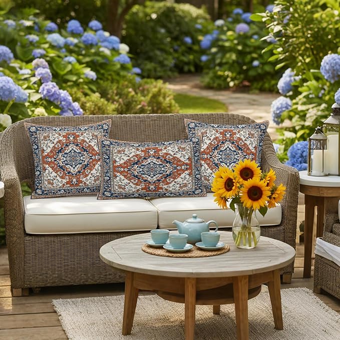 Orange Blue Boho Southwestern Outdoor Pillow Covers 24x24 Inch Throw Pillow Covers Set of 2 Waterproof Decorative Pillow Cases Traditional Ethnic Classical Cushion Covers for Patio Furniture Garden
