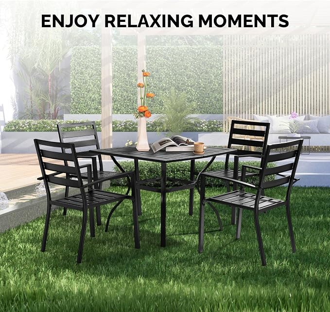 VINGLI 36" Square Patio Table for 4, Metal Outdoor Dining Table with Umbrella Hole, All-Weather Steel Patio Dining Table Outdoor Table for Lawn, Garden, Backyard, Black