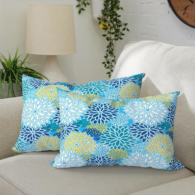 DYTXIII Pack of 2 Outdoor Waterproof Lumbar Pillow Covers ONLY, 12x20 Rectangle Decorative Double Printed Pillow Cases for Patio Couch Porch Furniture - Dahlia Blue