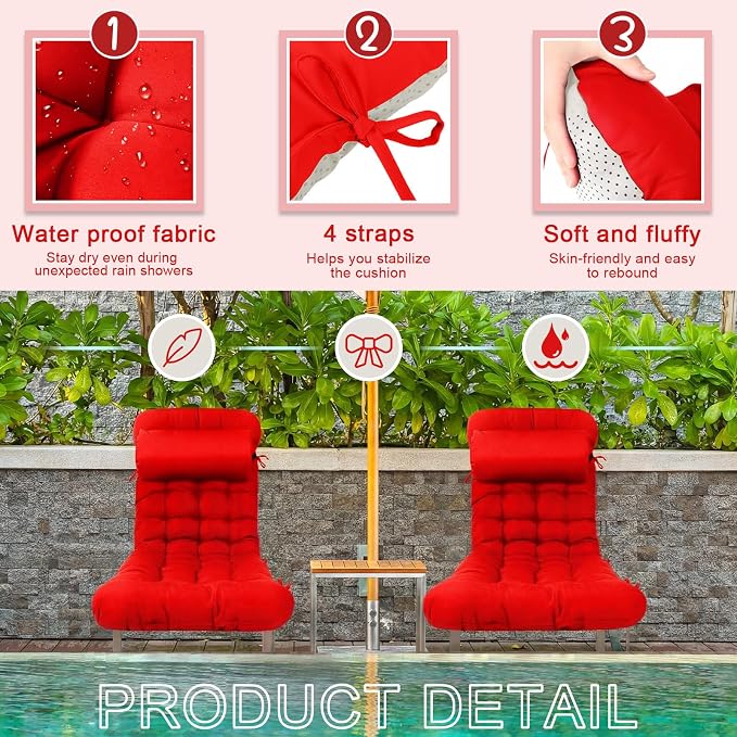Tudomro Outdoor Chaise Lounge Cushion 66x21x4'' Waterproof & Fade-Resistant Patio Pool Chaise Lounge Cushion Headrest Pillow Tie Replacement Rocking High Back Chair(Bright Red,1 Pcs)