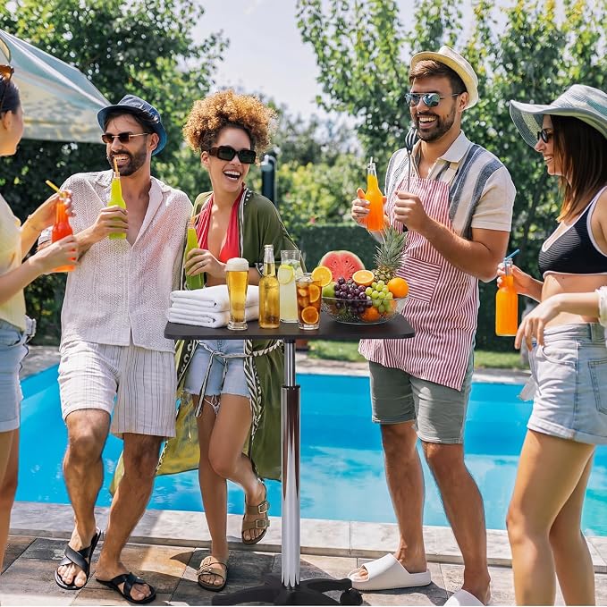 Nuanchu Pool Bar Poolside Table with Wheels 34-43 Inch Adjustable Height Black Outdoor Poolside Table Above Ground Pool Side Bar Towel Rack for Swimming Patio Accessories