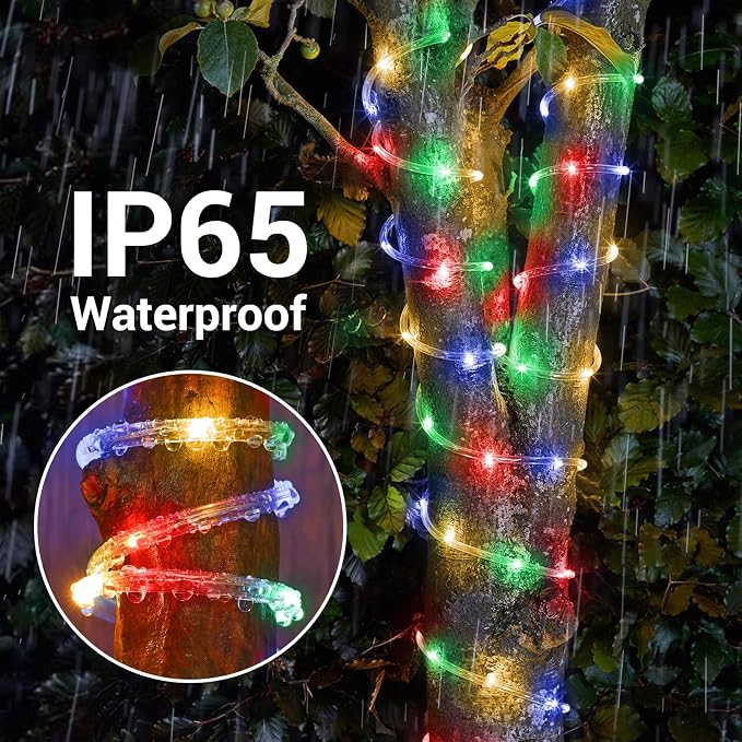 Solar Rope Lights, 2 Pack Total 66ft 200LED Solar String Lights, 8 Modes Waterproof Solar Outdoor Light, Flexible Clear Trampoline Light for Garden Yard Patio Deck Porch Pool Tree Decor - Multicolor