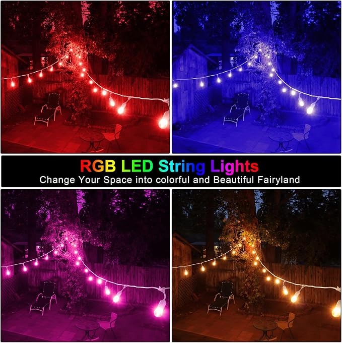 Multicolor 48FT LED Outdoor Patio String Lights with Remote, White | Plug in, 8 Lighting Modes, 15+2 S14 RGB Edison Bulbs, Dimmable, Shatterproof, Waterproof, Linkable, for Wedding Birthday Yard