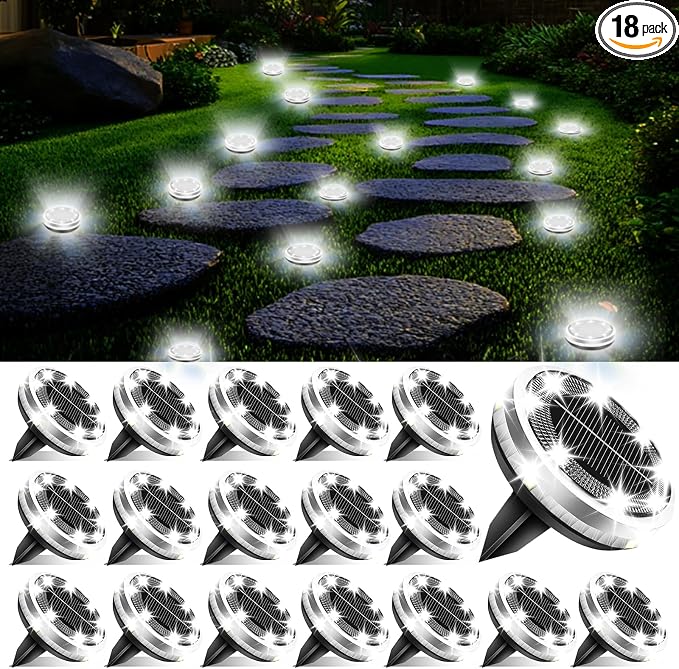 SenLuKit Solar Ground Lights Outdoor 18 Pack Waterproof, Upgraded Solar Garden Lights with 4 Side Light, Stainless Steel Solar Powered Disc Landscape Light for Walkway Lawn Yard Patio Deck-Cool White