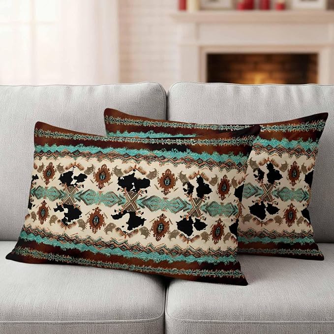 Boho Cowhide Outdoor Pillow Covers 20"x12" Set of 2, Western Aztec Tribal Green Brown Cow Texture Waterproof Throw Pillow Covers for Patio Furniture, Decorative Cushion Covers for Porch