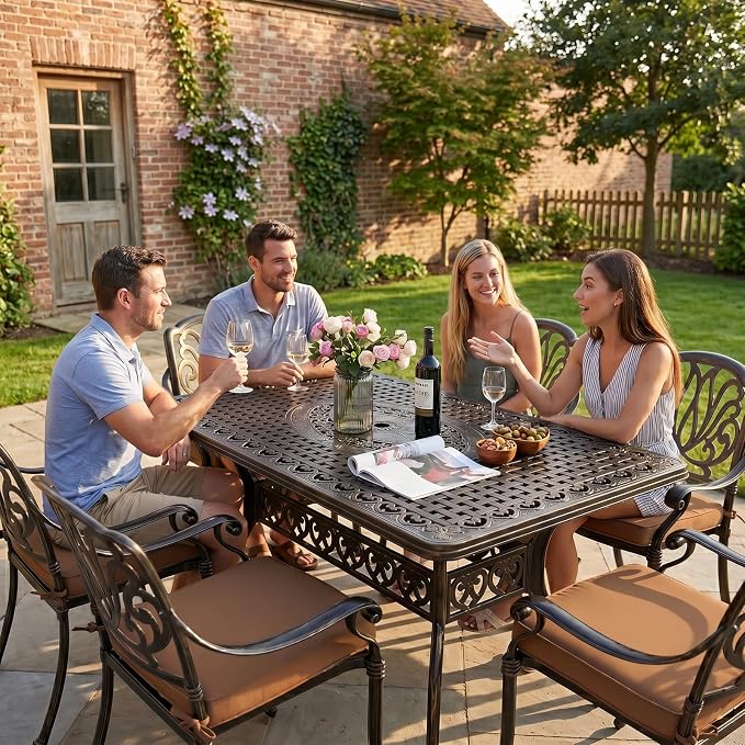 VIVIJASON Outdoor Patio Dining Rectangle Table Bronze Cast Aluminum Rustic Large Patio Table with Umbrella Hole