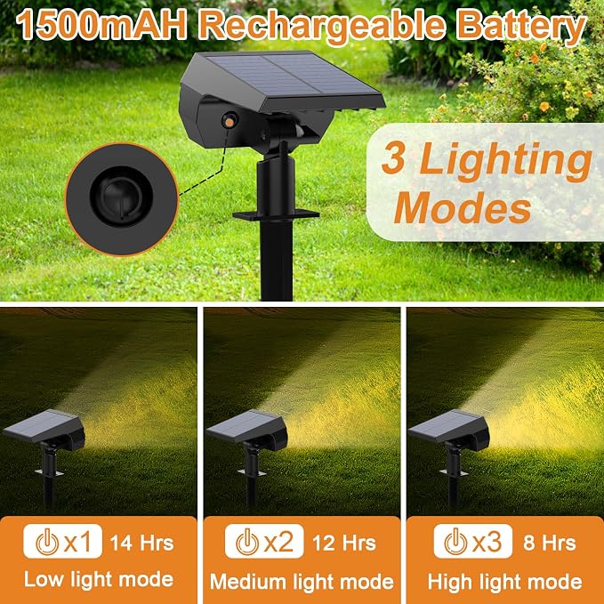 Solar Spotlight Outdoor, IP68 Waterproof, 65 LED, Warm White, 6 Pack | Dusk to Dawn Auto On/Off, 3 Lighting Modes, Adjustable Solar Panel, Luces Solares Para Exteriores for Yard Garden Landscape