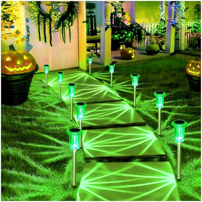 DenicMic Halloween Solar Lights Outdoor Waterproof 10 Pack Halloween Decor | Stake Lights for Yard Pathway Garden Walkway Driveway Patio Lawn, Auto On/Off Green LED Halloween Decorations Outdoor