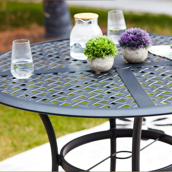 LOKATSE HOME 42.1'' Outdoor Patio Bistro Metal Wrought Iron Round Dining Table with Umbrella Hole - Black
