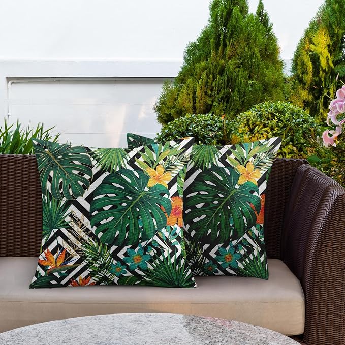 Throw Pillow Covers, Leaf Striped, Set of 2, 18 x 18 Inch | Tropical Botanical Outdoor Waterproof Pillowcase Square Cushion Case Farmhouse Garden Decorative Pillows for Couch