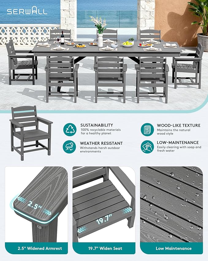 SERWALL 9 Piece Outdoor Dining Set, 84" HDPE Outdoor Table and Chairs for 8，All Weather Patio Furniture Set with Umbrella Hole for Backyard, Garden, Gray