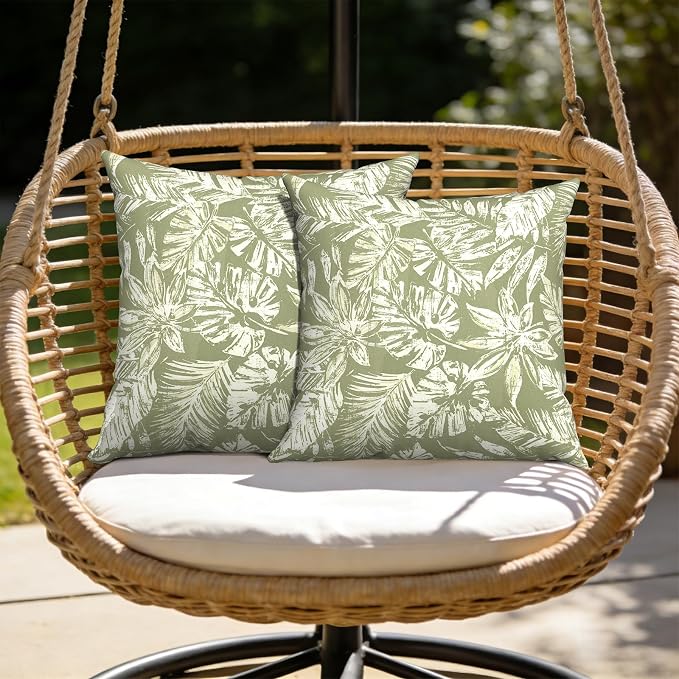 Outdoor Pillow Covers Waterproof 20x20 Inch Set of 2 Tropical Leaf Green Decorative Outside Patio Furniture Cushion Cases Decor for Porch Garden