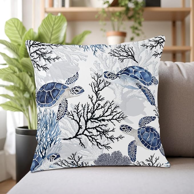 Sea Turtle Pillow Covers Nautical Coastal Throw Pillow Covers 18x18 Set of 2 Beach Ocean Themed Pillow Cases Blue Coral Branch Outdoor Cushion Cases for Living Room Bedroom Garden